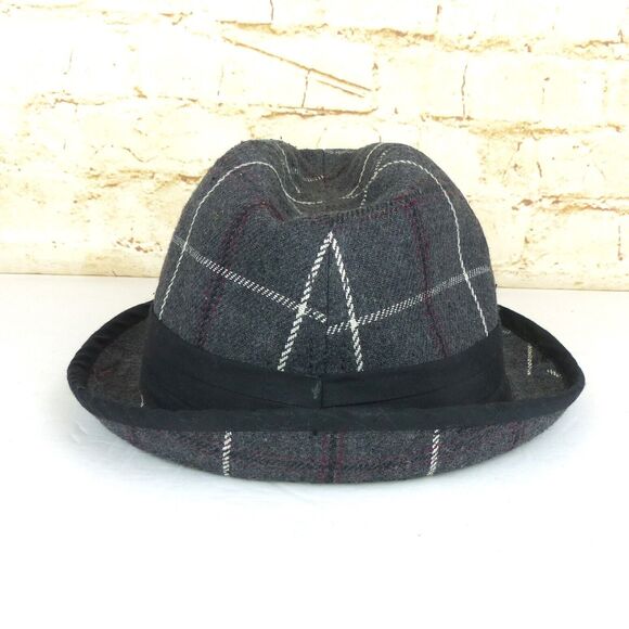 Y2K Ben Sherman Fedora Hat Men L/XL Gray Plaid Wool Black Band Emo Grunge Preppy - Picture 8 of 11